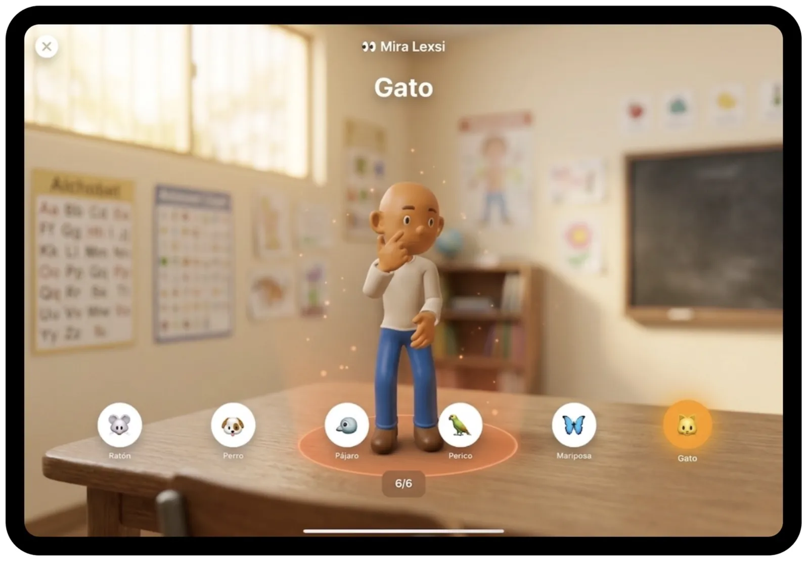 Pantalla de SignaPlay en un iPad: el avatar Lexsi hace la seña de «gato» en un salón de clases