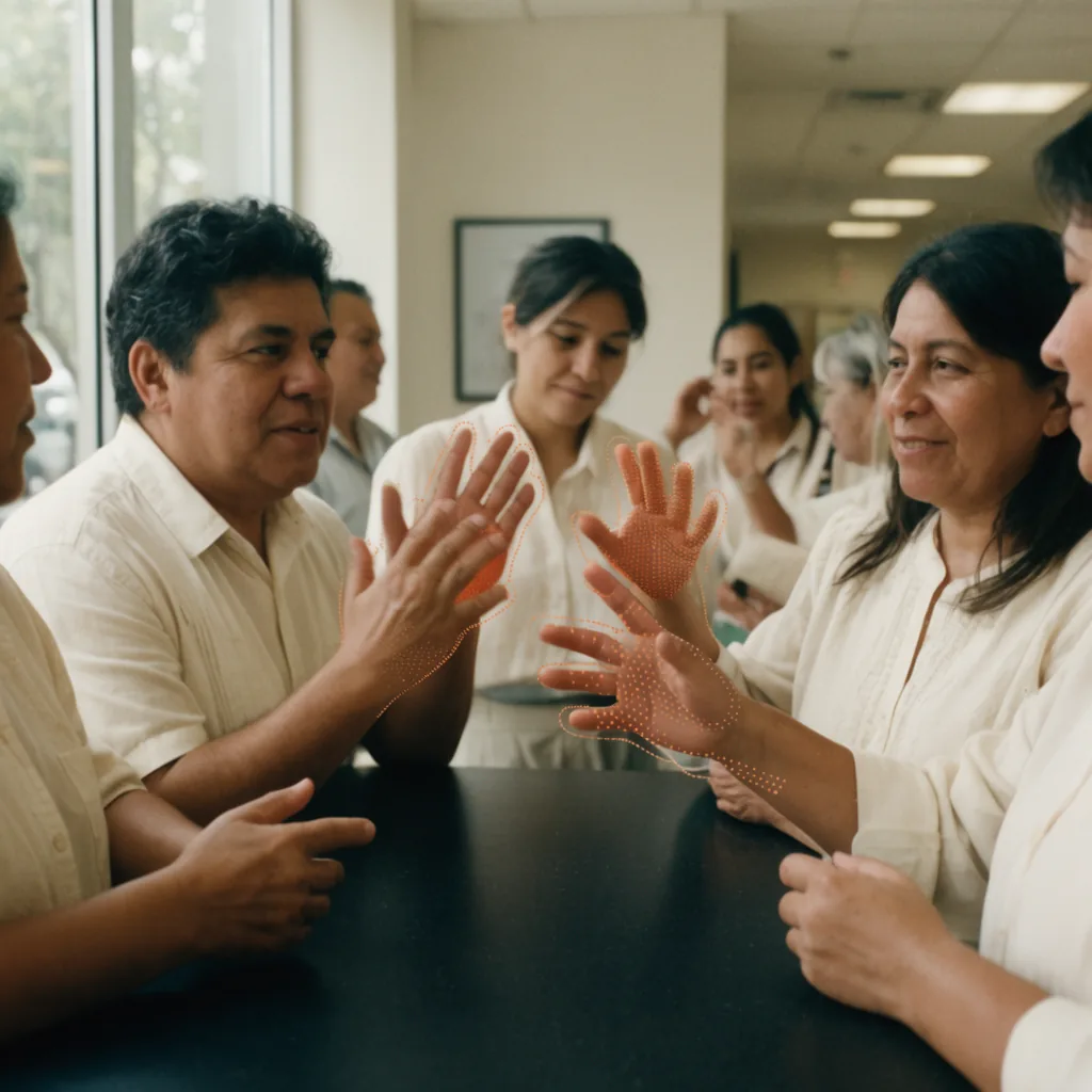 Un grupo de personas conversa en señas alrededor de una mesa de trabajo